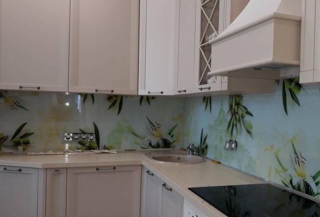 Фартук для кухни фото: оливки и цветы, заказ #ИНУТ-2863, Белая кухня.