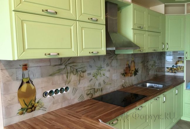 Скинали для кухни фото: оливковое масло и оливковая ветвь на кирпичном фоне, заказ #КРУТ-2639, Зеленая кухня. Изображение 322208