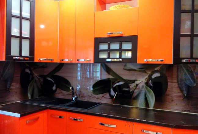 Фартук стекло фото: оливы, заказ #УТ-982, Оранжевая кухня.