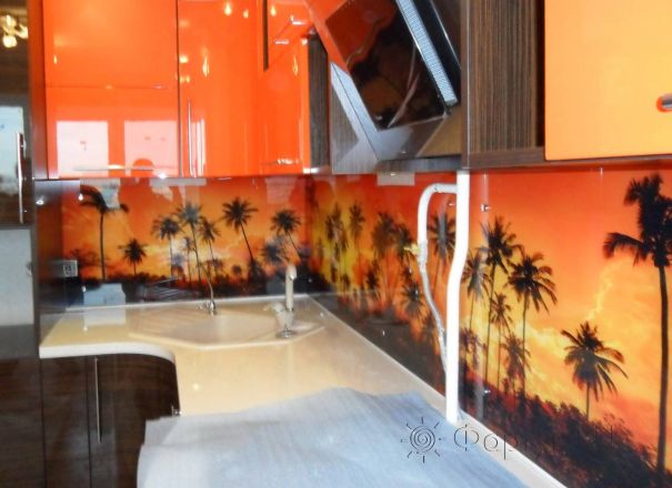 Фартук стекло фото: оранжевый закат и пальмы., заказ #SN-203, Оранжевая кухня.