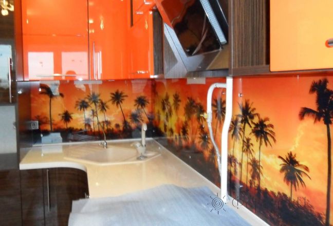 Фартук стекло фото: оранжевый закат и пальмы., заказ #SN-203, Оранжевая кухня. Изображение 147066