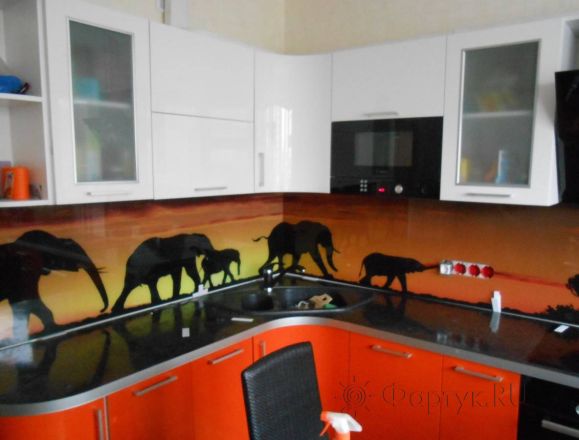 Фартук стекло фото: оранжевый закат со слонами., заказ #SK-1220, Оранжевая кухня.