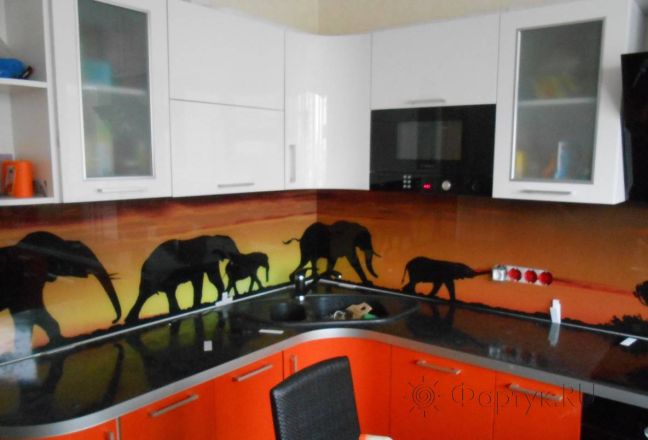 Фартук стекло фото: оранжевый закат со слонами., заказ #SK-1220, Оранжевая кухня. Изображение 113368
