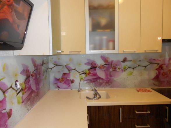 Фартук с фотопечатью фото: орхидеи, заказ #УТ-2285, Коричневая кухня.