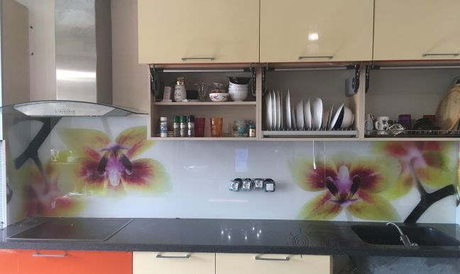 Скинали для кухни фото: орхидеи, заказ #КРУТ-886, Желтая кухня.