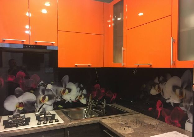 Фартук стекло фото: орхидеи, заказ #КРУТ-997, Оранжевая кухня.