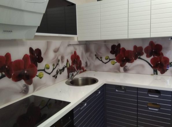 Стеновая панель фото: орхидеи, заказ #ИНУТ-3440, Серая кухня.