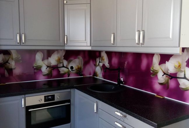 Стеновая панель фото: орхидеи, заказ #ИНУТ-3316, Серая кухня.