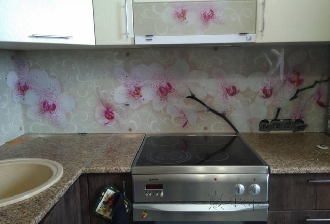 Фартук с фотопечатью фото: орхидеи, заказ #ИНУТ-4231, Коричневая кухня.