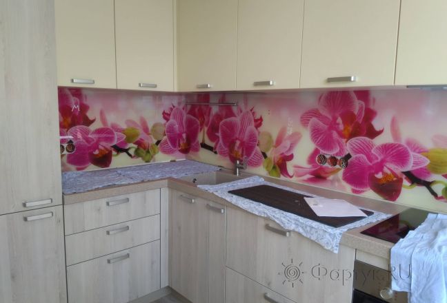 Фартук с фотопечатью фото: орхидеи, заказ #ИНУТ-4250, Коричневая кухня.
