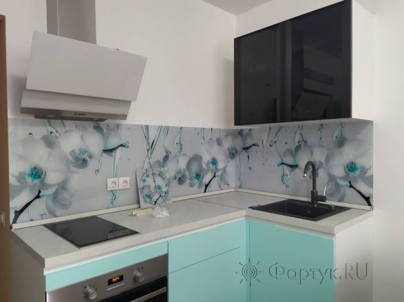 Стеклянная фото панель: орхидеи, заказ #ИНУТ-9218, Синяя кухня.