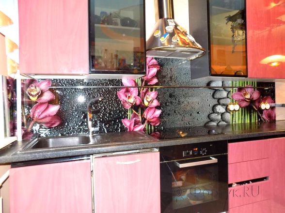 Фартук фото: орхидеи, бамбук на черном фоне, заказ #УТ-350, Фиолетовая кухня.