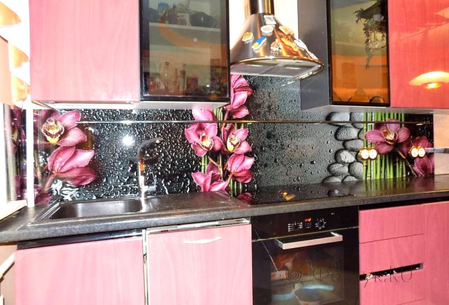 Фартук фото: орхидеи, бамбук на черном фоне, заказ #УТ-350, Фиолетовая кухня.