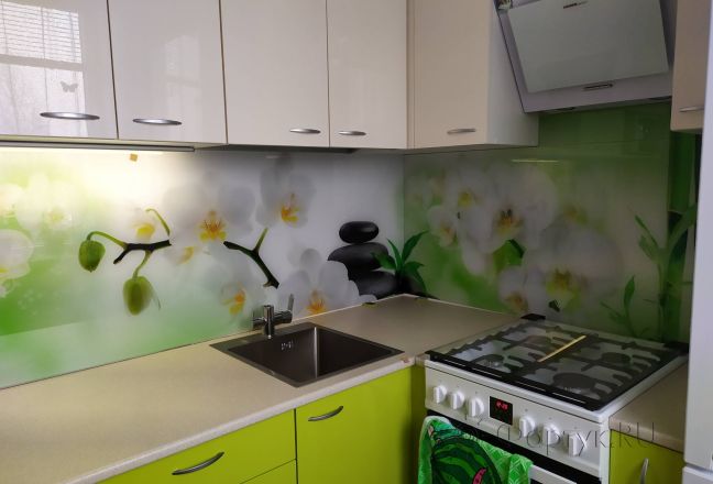 Скинали для кухни фото: орхидеи белые, заказ #ИНУТ-8276, Зеленая кухня. Изображение 300618
