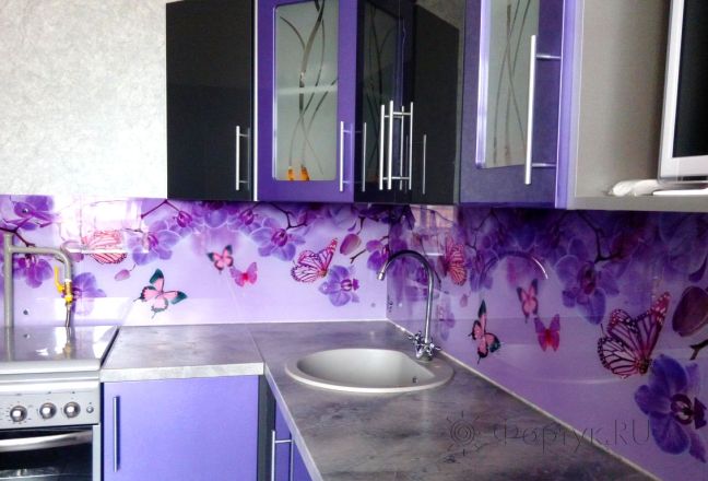 Фартук фото: орхидеи и бабочки, заказ #ГМУТ-19, Фиолетовая кухня.