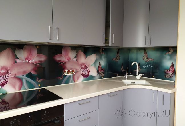 Стеновая панель фото: орхидеи и бабочки, заказ #ИНУТ-6444, Серая кухня. Изображение 277760