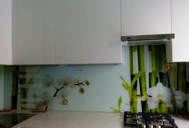 Фартук для кухни фото: орхидеи и бамбук, заказ #УТ-1587, Белая кухня. Изображение 87410