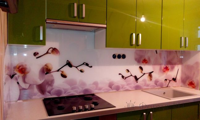 Скинали для кухни фото: орхидеи и белые камни, заказ #УТ-1076, Зеленая кухня.