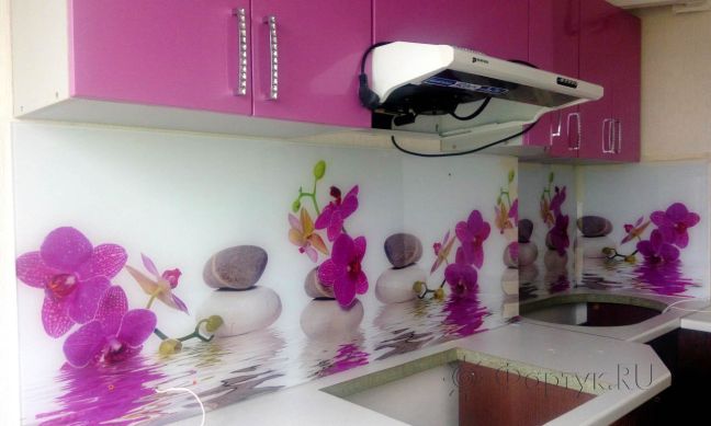 Фартук фото: орхидеи и спа-камни, заказ #УТ-1020, Фиолетовая кухня.