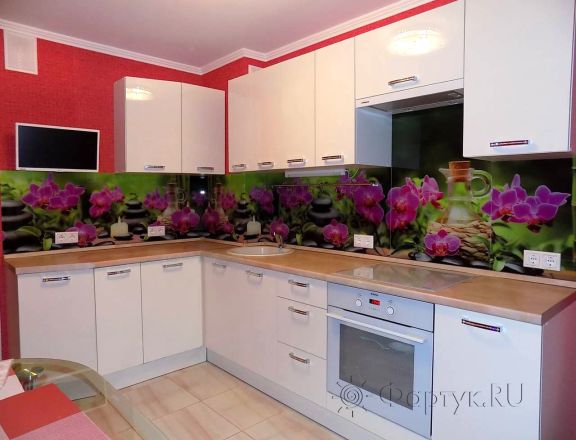 Фартук для кухни фото: орхидеи и спа-камни, заказ #УТ-383, Белая кухня.