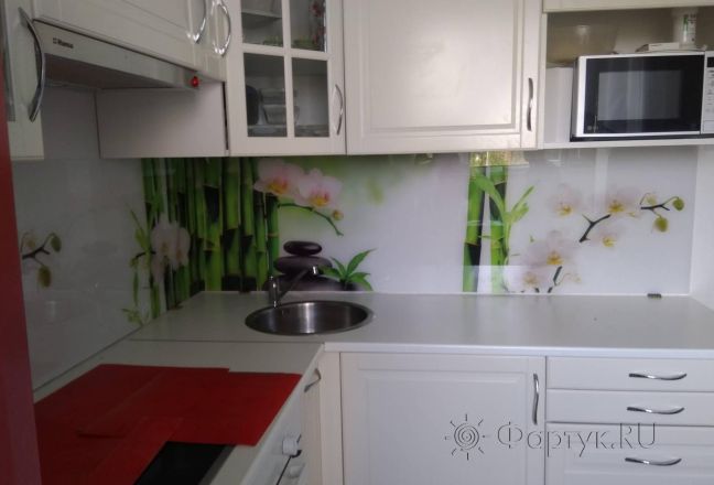 Фартук для кухни фото: орхидеи и тростник, заказ #ИНУТ-4123, Белая кухня. Изображение 87410