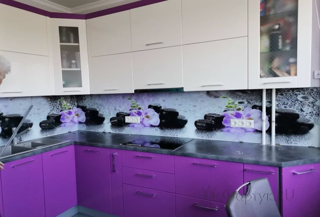 Фартук фото: орхидеи, камни и капли дождя, заказ #ИНУТ-15026, Фиолетовая кухня. Изображение 244862