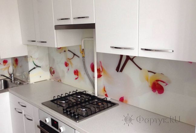 Фартук для кухни фото: орхидеи на белом фоне., заказ #S-1030, Белая кухня. Изображение 111352