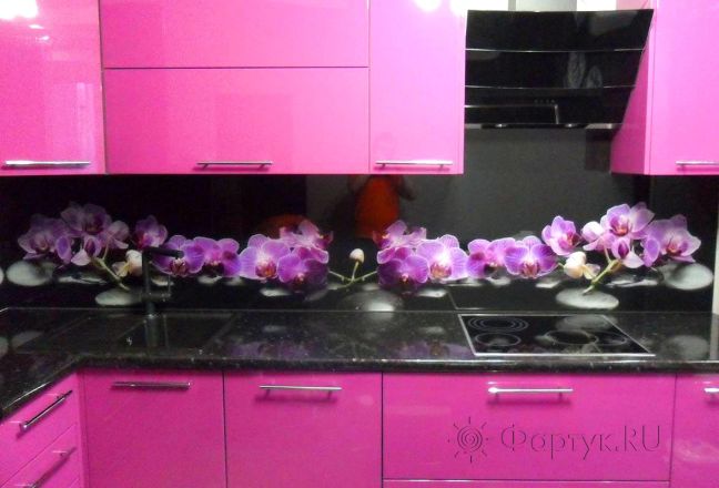 Фартук фото: орхидеи на черном фоне , заказ #S-794, Фиолетовая кухня.