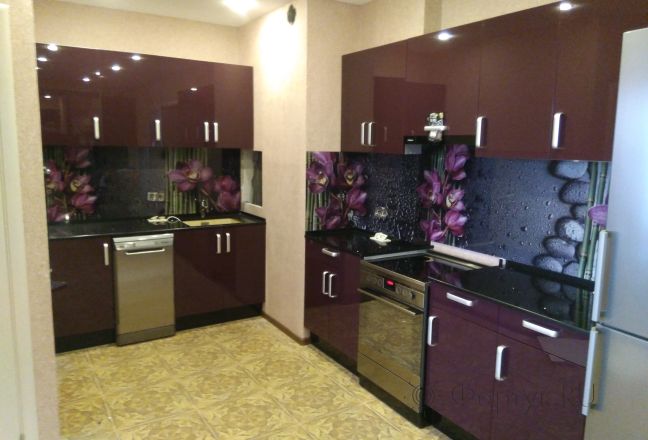 Скинали фото: орхидеи на черном фоне с каплями воды, заказ #ГМУТ-681, Красная кухня. Изображение 80660