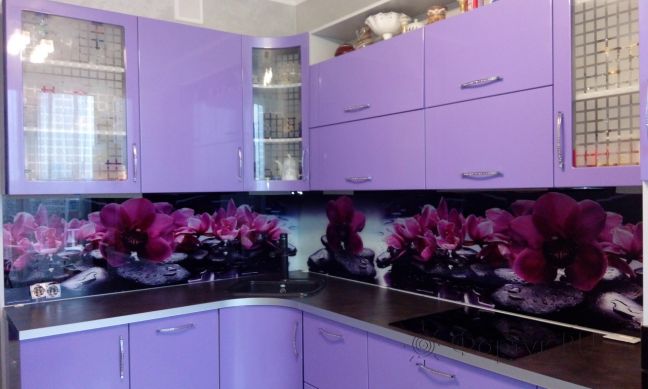 Фартук фото: орхидеи на черных камнях, заказ #УТ-1116, Фиолетовая кухня.