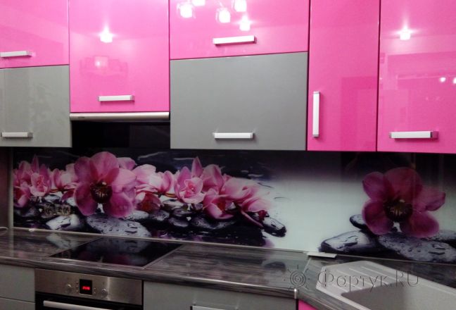 Фартук фото: орхидеи на черных камнях, заказ #УТ-1466, Фиолетовая кухня. Изображение 80456