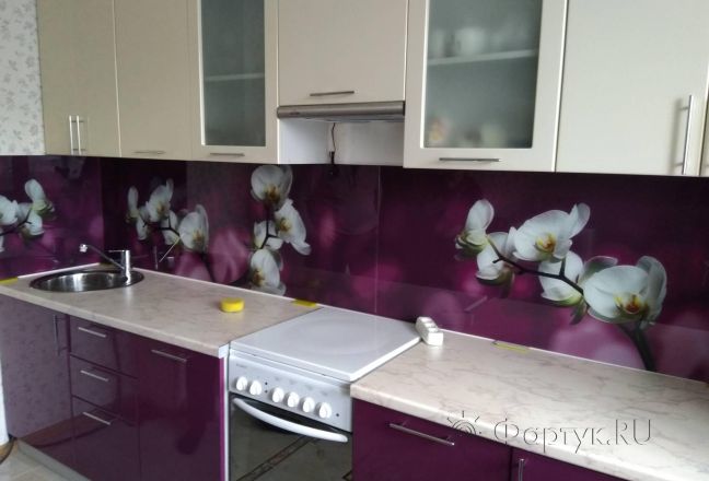 Фартук фото: орхидеи на фиолетовом фоне, заказ #ИНУТ-3115, Фиолетовая кухня. Изображение 111304