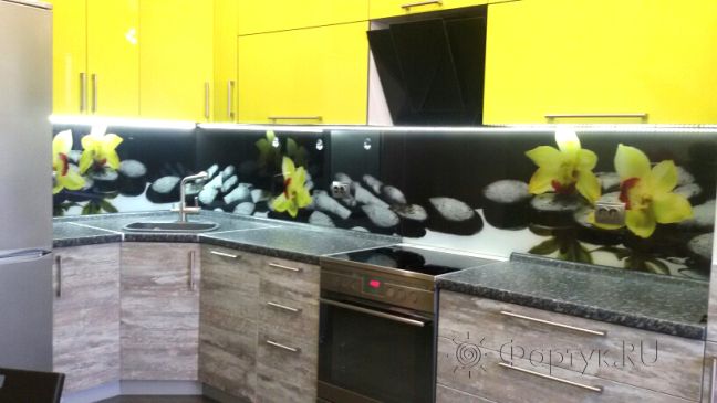 Скинали для кухни фото: орхидеи на камнях, заказ #ГМУТ-120, Желтая кухня.