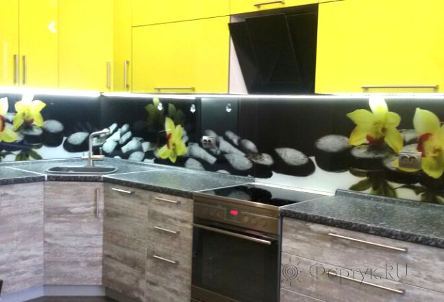 Скинали для кухни фото: орхидеи на камнях, заказ #ГМУТ-120, Желтая кухня. Изображение 111382