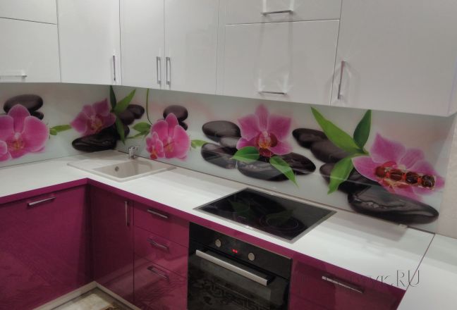 Фартук фото: орхидеи на камнях, заказ #ИНУТ-459, Фиолетовая кухня. Изображение 204368