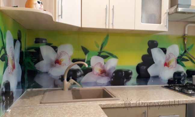 Скинали для кухни фото: орхидеи на камнях, заказ #ИНУТ-1945, Желтая кухня.