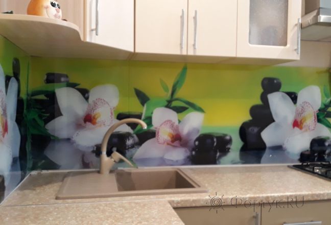 Скинали для кухни фото: орхидеи на камнях, заказ #ИНУТ-1945, Желтая кухня. Изображение 197142