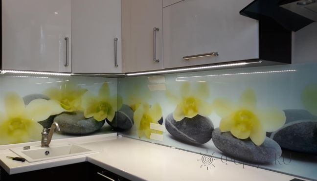 Фартук с фотопечатью фото: орхидеи на камнях, заказ #ИНУТ-1721, Коричневая кухня.
