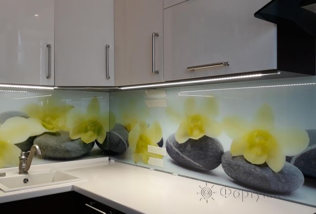 Фартук с фотопечатью фото: орхидеи на камнях, заказ #ИНУТ-1721, Коричневая кухня. Изображение 111356