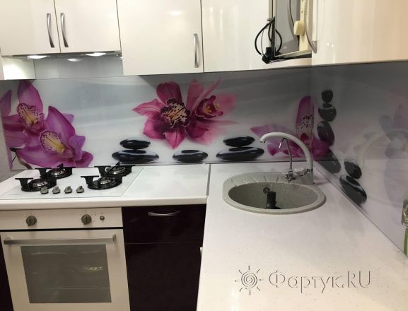 Фартук с фотопечатью фото: орхидеи на камнях, заказ #КРУТ-1220, Коричневая кухня.