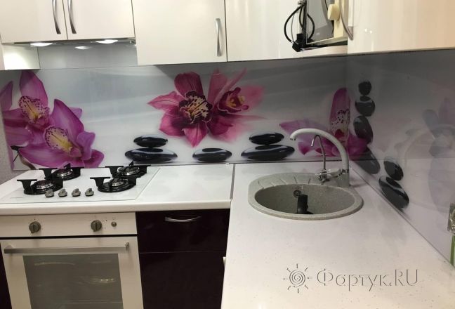 Фартук с фотопечатью фото: орхидеи на камнях, заказ #КРУТ-1220, Коричневая кухня. Изображение 249238