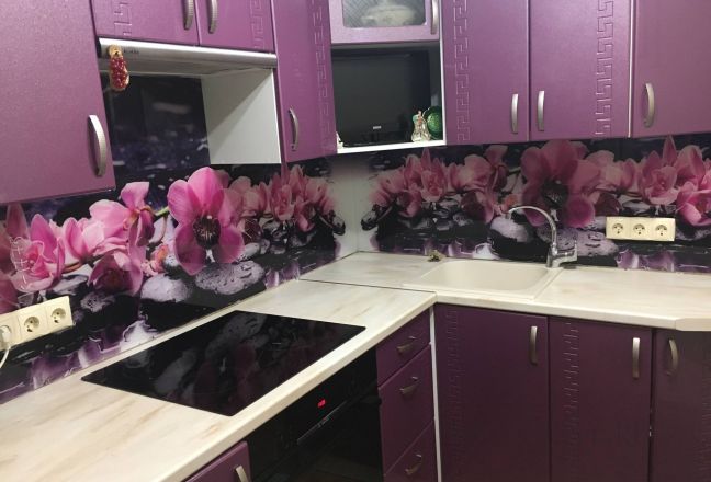Фартук фото: орхидеи на камнях, заказ #КРУТ-1775, Фиолетовая кухня. Изображение 80474