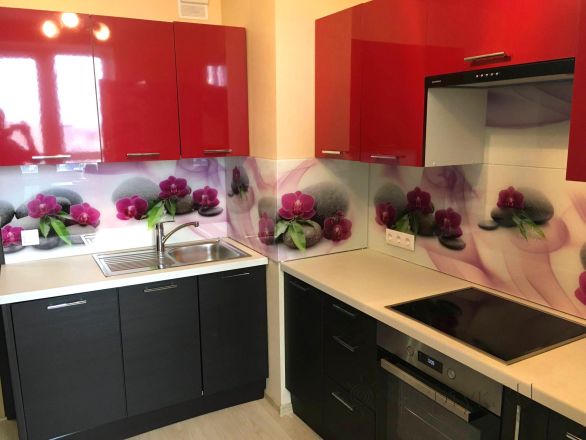 Скинали фото: орхидеи на камнях, заказ #КРУТ-2050, Красная кухня.
