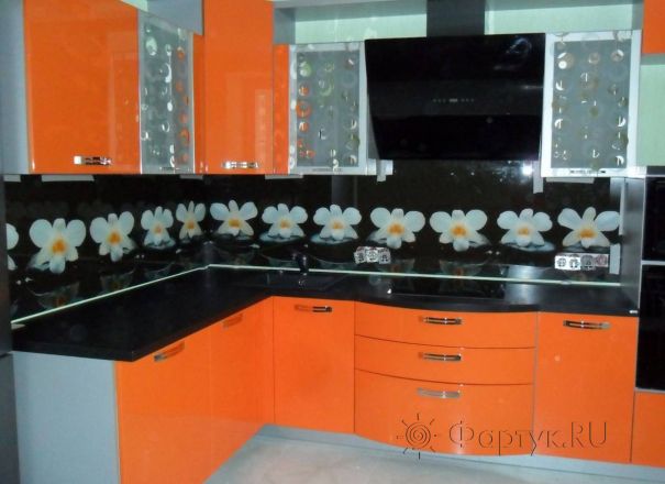 Фартук стекло фото: орхидеи на камнях., заказ #SN-230, Оранжевая кухня.