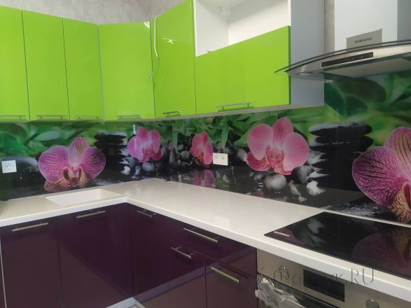 Фартук фото: орхидеи на камнях, заказ #ИНУТ-10014, Фиолетовая кухня.