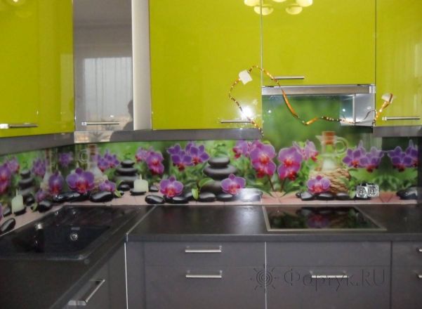 Скинали для кухни фото: орхидеи на камнях на фоне зелени., заказ #S-1201, Зеленая кухня.