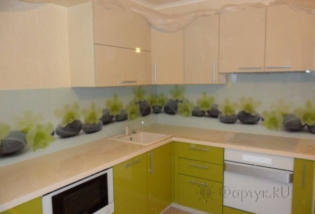 Скинали для кухни фото: орхидеи на камнях под цвет фасада., заказ #УТ-102, Зеленая кухня. Изображение 111356