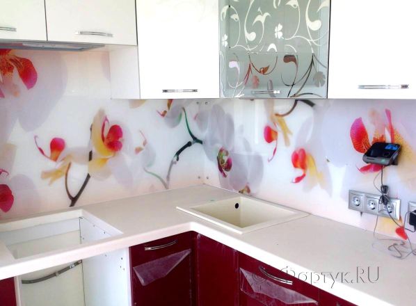 Скинали фото: орхидеи на кремовом фоне., заказ #SK-403, Красная кухня.