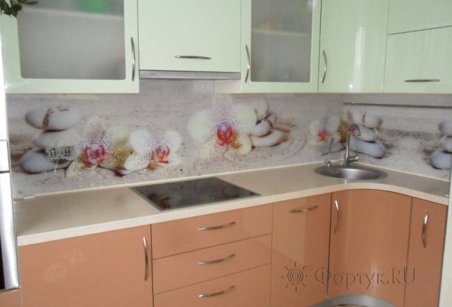 Фартук с фотопечатью фото: орхидеи на песке., заказ #SN-259, Коричневая кухня.