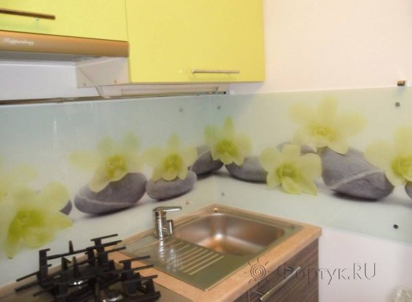 Скинали для кухни фото: орхидеи на светлых камнях., заказ #SN-156, Желтая кухня.